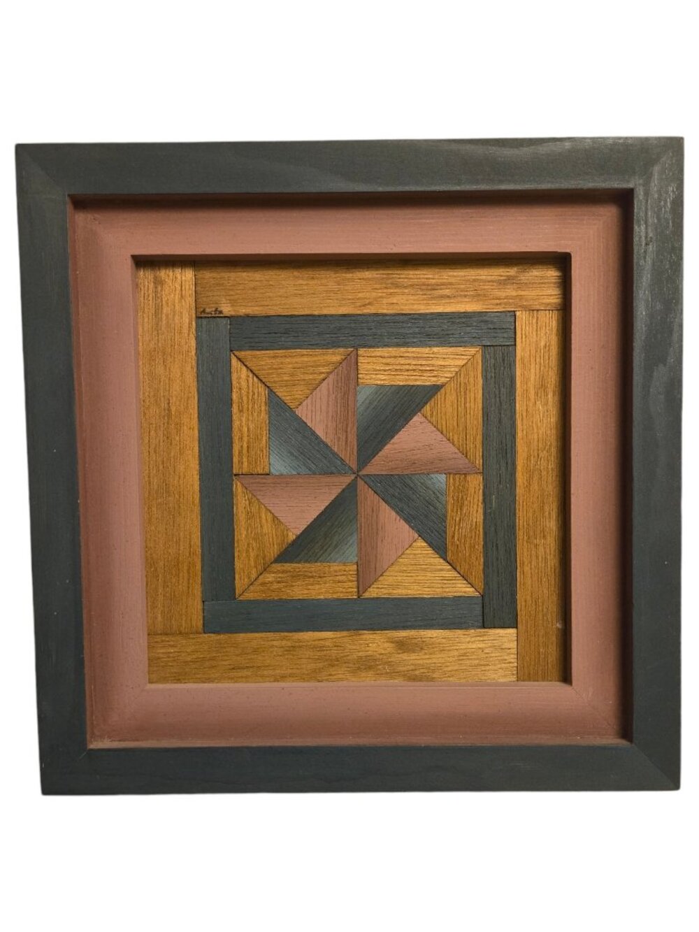 Quilt Block Pattern Wood Mosaic Vintage Wooden Wall Art Signed Modern Farmhouse